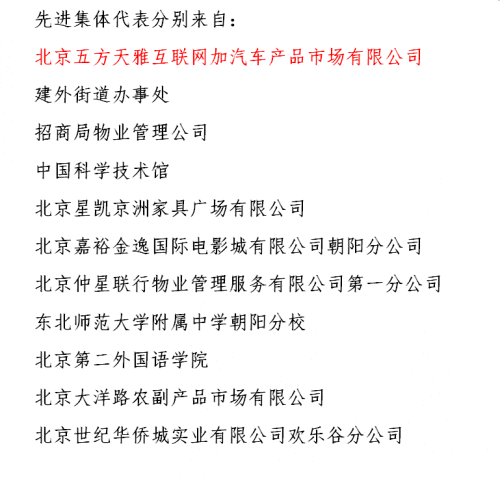 热烈祝贺五方天雅汽车服务园荣获朝阳区消防安全工作先进集体称号